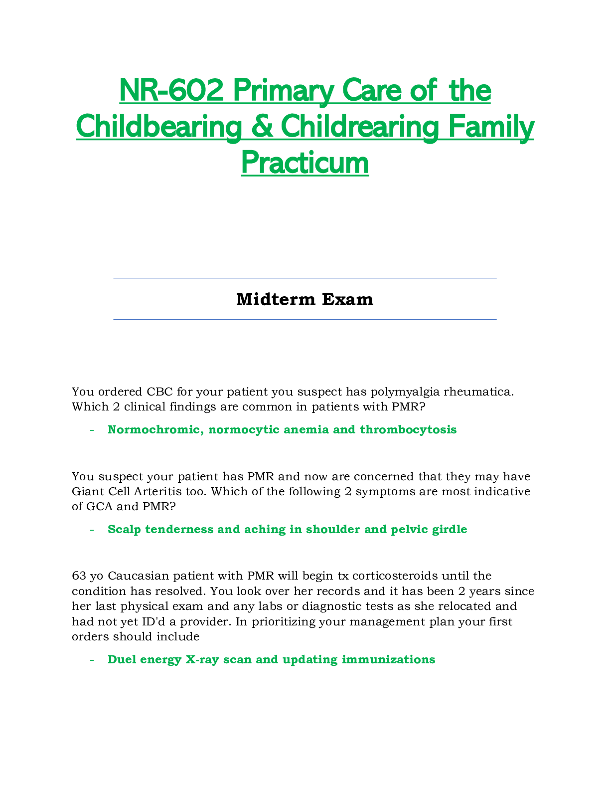 Preview of NR602 / NR-602 Midterm Exam (Latest): Primary Care of the Childbearing & Childrearing Fami
